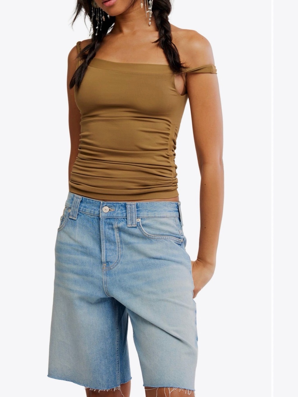 NWT Free People Off-Shoulder Ruched Tank Top - Olive